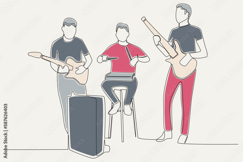 Color illustration of three boys playing musical instruments. Music band one-line drawing