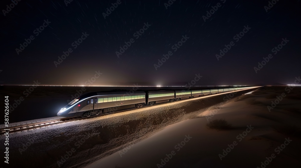 Speed passenger train moving in the night desert. Generative AI Speed passenger train moving in the night desert. Generative AI