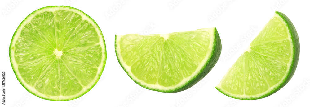 Juicy slice and half of lime isolated, transparent png, PNG format, cut-out