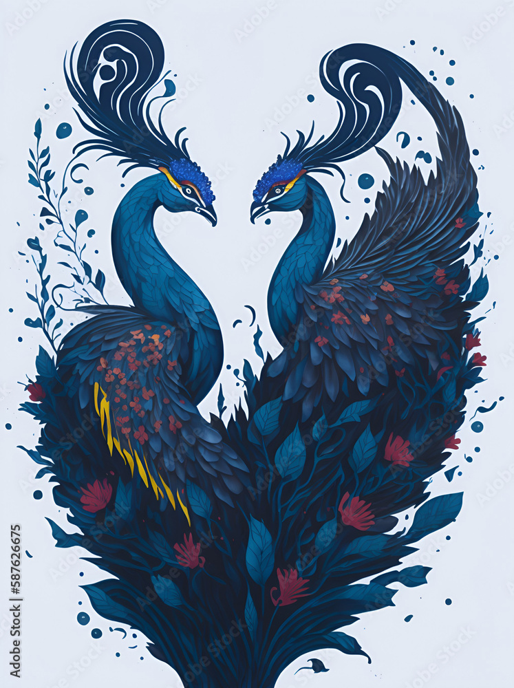 Obraz premium Two peacook birds forming heart shape splash of flowers. AI generated illustration