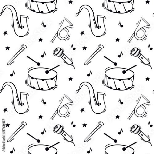 Musical instruments in doodles style. Seamless pattern. Can be used to fill web page background, textile, wrapping paper. Vector