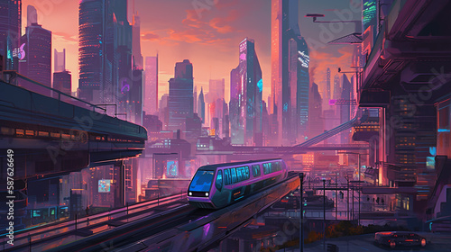Modern high-speed train in the city at sunset. 3D rendering  AI generative