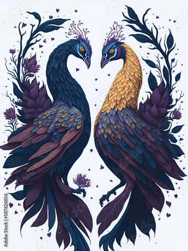 Two peacook birds forming heart shape splash of flowers. AI generated illustration