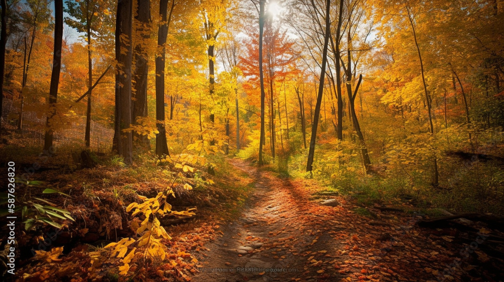 Path in the autumn forest with colorful trees and rays of sun, Ai generative