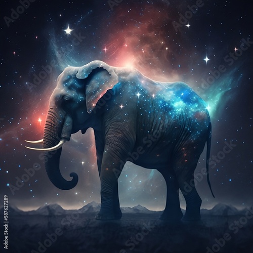 elephant in the night  immense divine animal in a nebulous starry sky Creating using generative AI. 