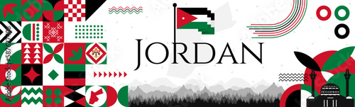 The Jordan Independence Day abstract banner design with flag and map. Flag color theme geometric pattern retro modern Illustration design. Green, white, black and Red color template.
