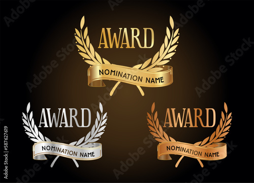 Collection of golden silver and bronze award nomination laurel wreath 