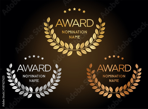 Collection of golden silver and bronze award nomination laurel wreath 