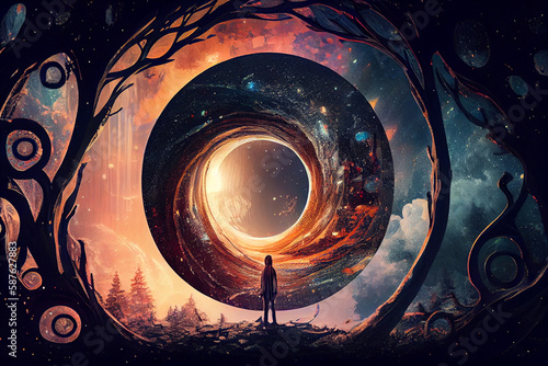 Circle of dreams in universe. Portal to other dimensions. Surrealistic creative work about future travels. The man with the suitcase walks towards the portal. Fast travel