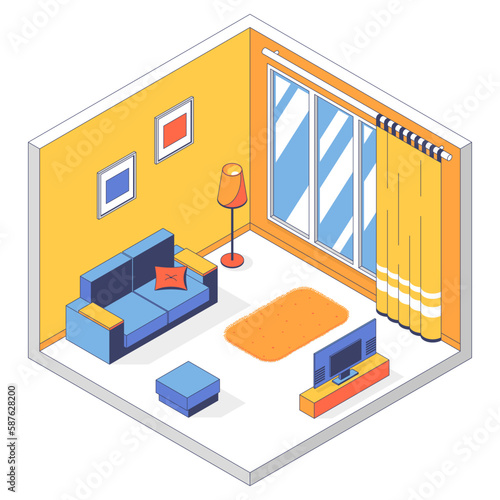 3d living room, interior design, building. Furniture and household appliances, curtains. Environment houses, apartments, flat, apartments, hostel rooms, hotels. Vector linear isometric illustration