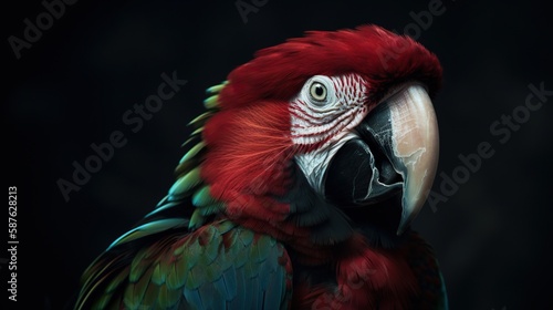 Profile portrait of green-winged macaw parrot. Generative AI
