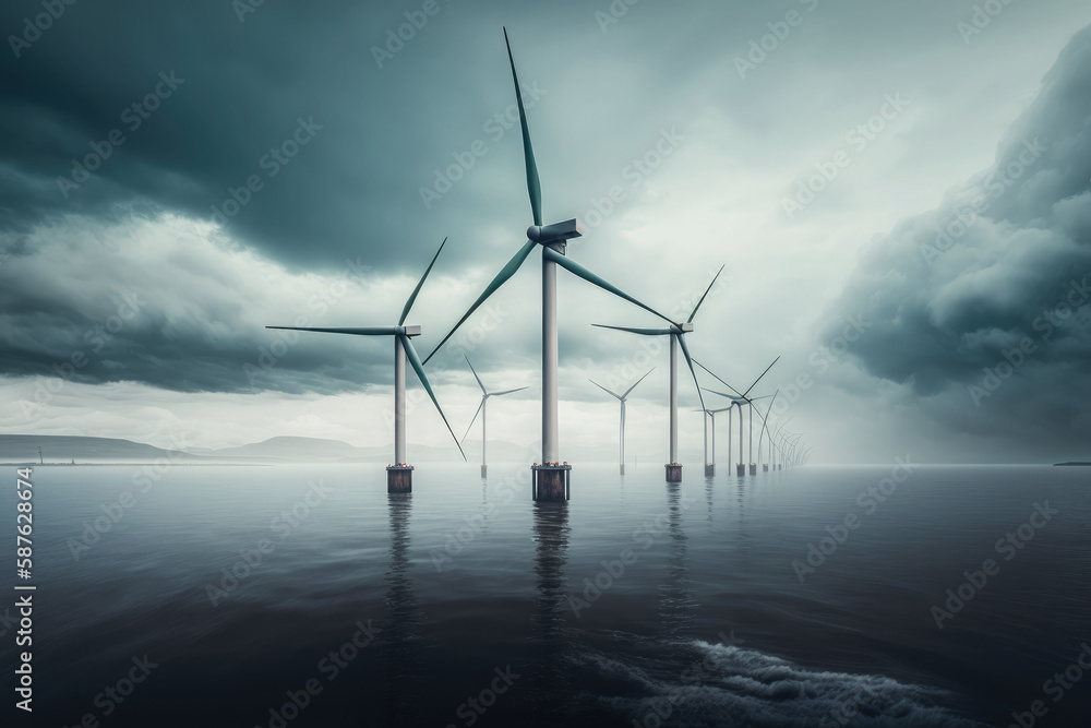 Modern wind turbines in sea at sky background AI generated Modern wind turbines in sea at sky background AI generated