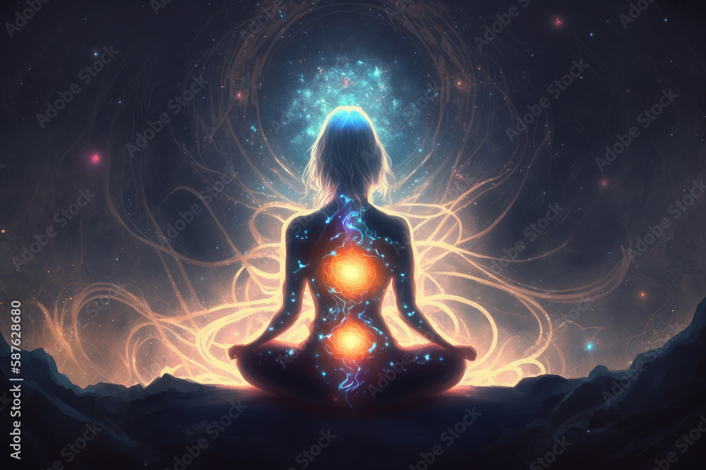 Yoga concept with back view woman sitting in lotus pose against starry sky background AI generated Yoga concept with back view woman sitting in lotus pose against starry sky background AI generated