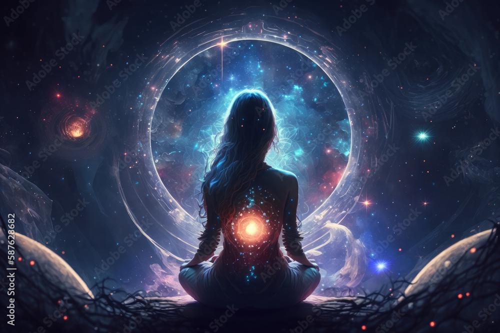 Yoga concept with back view woman sitting in lotus pose against starry sky background AI generated