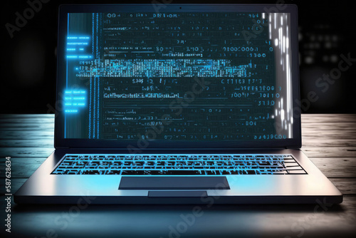 AI generated hacker laptop with binary computer code internet and network security