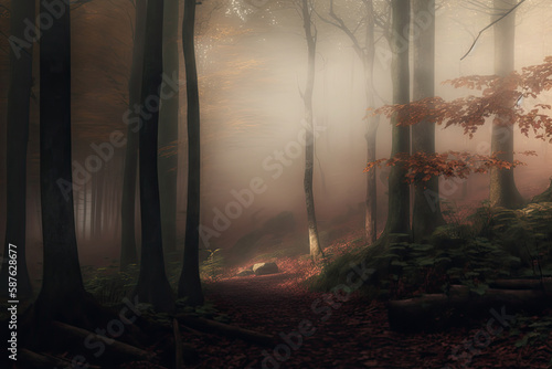 Dense fog in autumn forest with yellow leaves and green moss on tree bark AI generated