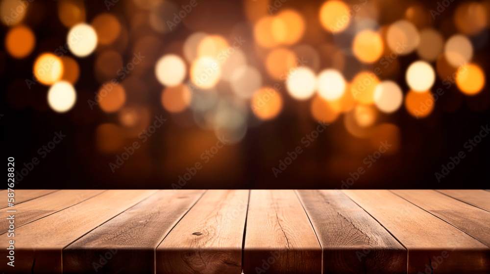 Empty wooden table in front of abstract blurred background for product display in local market or bar. Generative AI Empty wooden table in front of abstract blurred background for product display in local market or bar. Generative AI