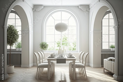 White dining room corner with arched windows. Modern living room with dining zone. luxury dinning room interior. Generative Ai.