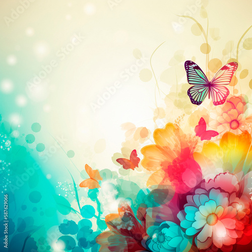 spring background with colorful flowers and butterflies. High quality illustration