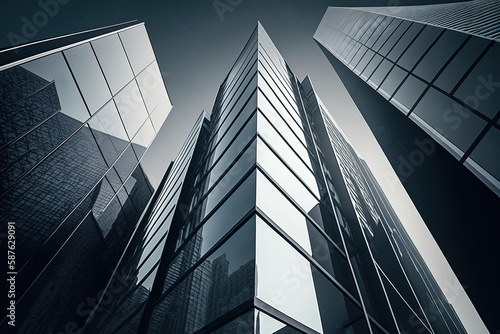 Low angle image of typical contemporary office towers, tall structures with glass facades. financial and economic foundation concepts. Generative Ai.