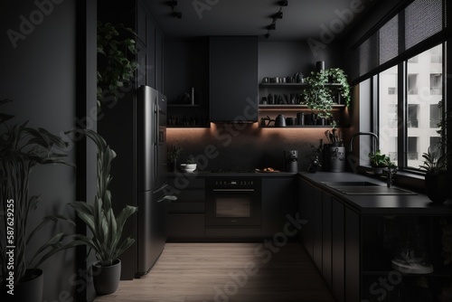 Modern new light interior of kitchen with furniture and dining table. Amazing Luxury Kitchen Interior with wooden floor and kitchen island. Generative Ai. © AT