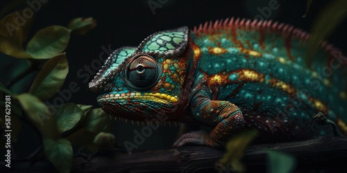 Colorful chameleon isolated on leaves background. Lizard on the green leaves. Generative AI © AngrySun