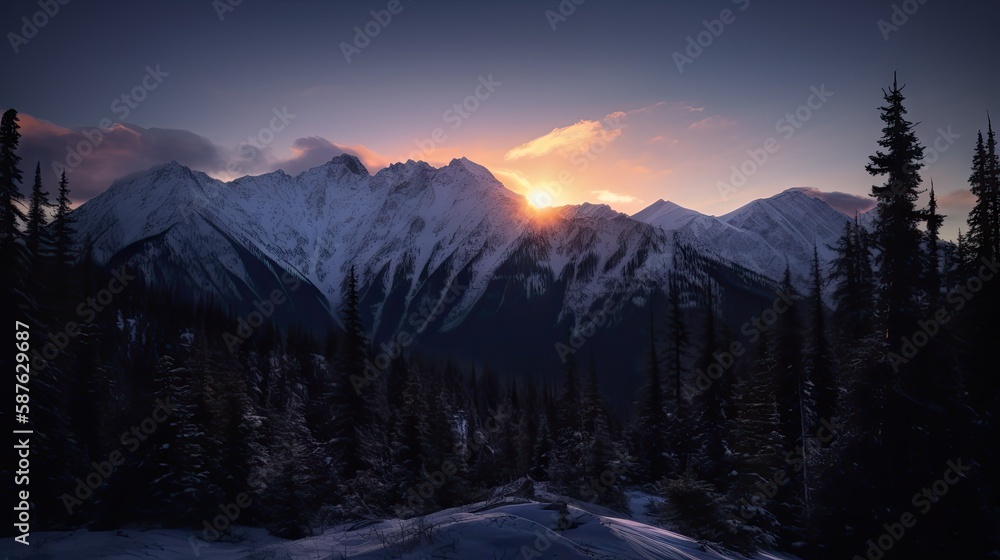Beautiful illustration of snowy mountains and forest. Very beautiful art background
