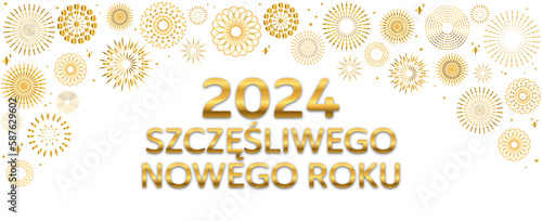 Szczęśliwego nowego roku - Frohes neues Jahr auf polnisch mit Feuerwerk in Gold