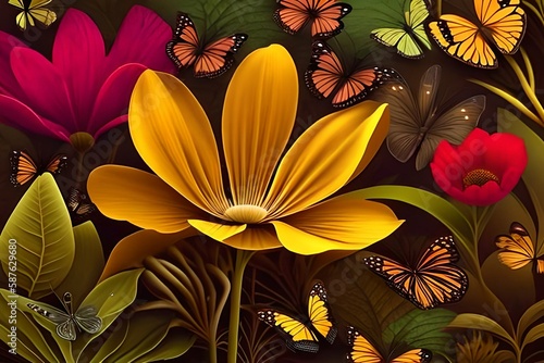 Abstract Summer Flower Background with Butterflies and Leaves. Generative AI