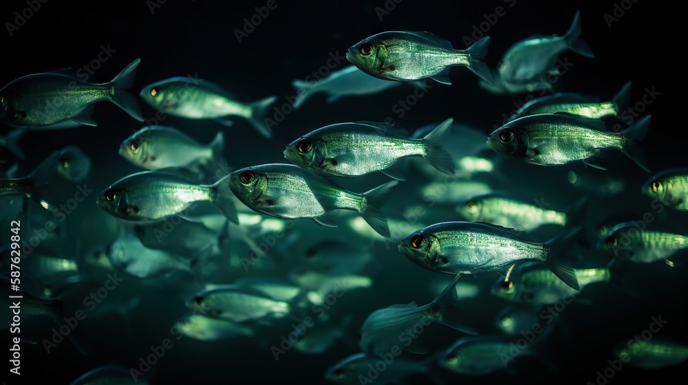 Naklejka premium School of small silver fish underwater. Marine life. Generative AI