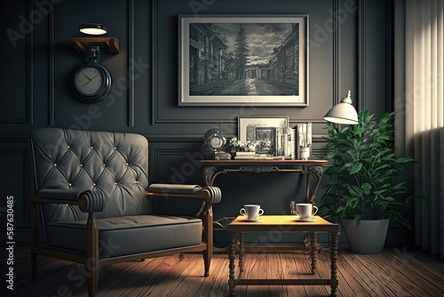 Wallpaper Mural living room and arm chair with empty frame. modern classic luxury style with arm chairs. Modern home interior background frame mock up with arm chair. Generative Ai. Torontodigital.ca