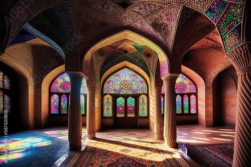 Nasir Al-Mulk Mosque in Shiraz, Iran, also named in popular culture as Pink Mosque. It was built in 1888 and is known in Persian as Masjed-e Naseer ol Molk. Generative Ai.