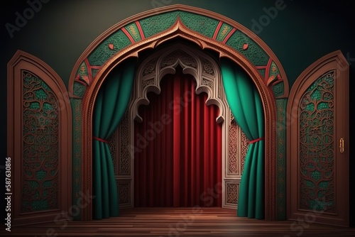 moroccan arc door with green and red curtains on the side and arabesque style  islamic vip concept  ramadan  eid mubarak  green and red curtains. Generative Ai.