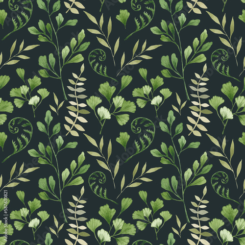 Watercolor seamless pattern with forest greenery. Green leaves, fern. Hand drawn realistic illustration. Design of textiles, ceramics, stationery