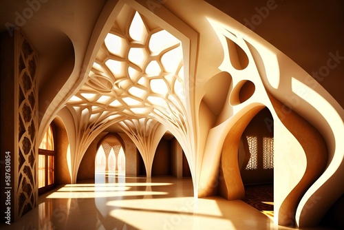 spa reception, fractal fluid architecture, detailed, ultrarealistic, low sunlight angle , warm interior lighting, moroccon spirit, architectural photography. Generative Ai. photo