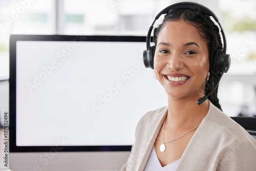 Woman, call center portrait and blank computer screen with smile for customer service, tech support and help. Female consultant, agent or crm expert with happiness in workplace for mockup space on pc