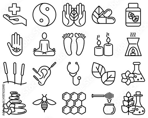 Alternative medicine thin line icon set. Yoga, acupuncture, homeopathy, aromatherapy, wellness, ayurveda, chinese medicine, holistic center. Vector illustration.