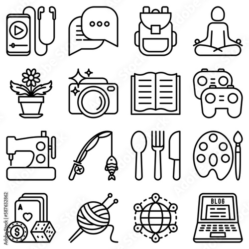 Hobby thin line icons set: reading, gaming, gardening, photography, cooking, sewing, fishing, hiking, yoga, music, travelling, blogging, knitting. Modern vector illustration.