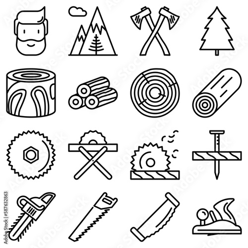 Logging and lumberjack with beard related thin line icons: jack-plane, sawmill, forestry equipment, timber, lumber. Vector illustration.