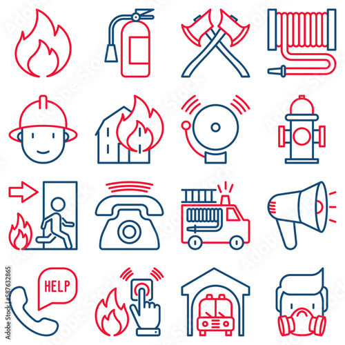 Firefighter thin line icons set: fire, extinguisher, axes, hose, hydrant, respirator, hose, fireman, alarm, brandspuit. Modern vector illustration. photo