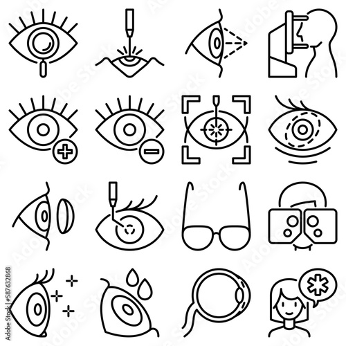 Ophthalmology thin line icons set: laser eye surgery, eye test, eye drops, contact lenses, cataract, astigmatism, phoropter, autorefractometer, farsightedness, nearsightedness. Vector illustration.