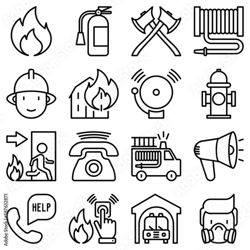 Firefighter thin line icons set: fire, extinguisher, axes, hose, hydrant, respirator, hose, fireman, alarm, brandspuit. Modern vector illustration. photo