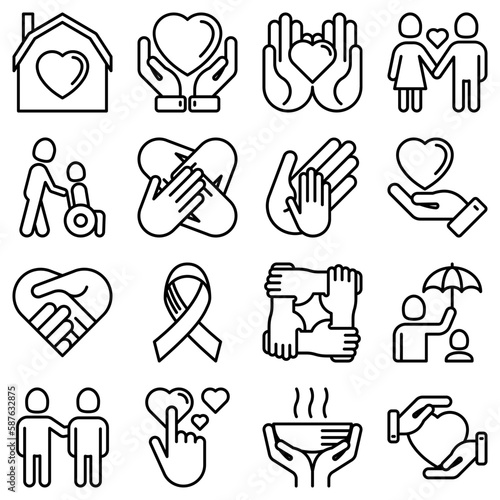 Help and care thin line icons set: symbols of support, help for children and disabled, togetherness, philanthropy and donation. Modern vector illustration.