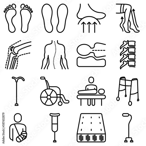Orthopedics and trauma rehabilitation thin line icons for banners in clinics and medical centers. Vector illustration.