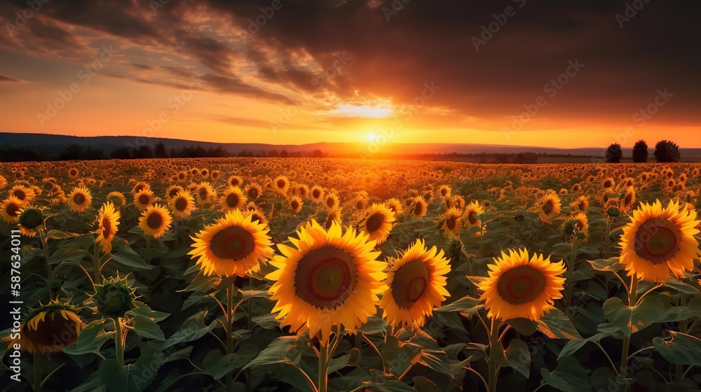 Obraz premium Panoramic field of sunflowers on sunset. Generative AI