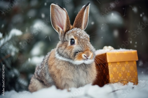cute rabbit sitting beside a gift box in the snow. Generative AI