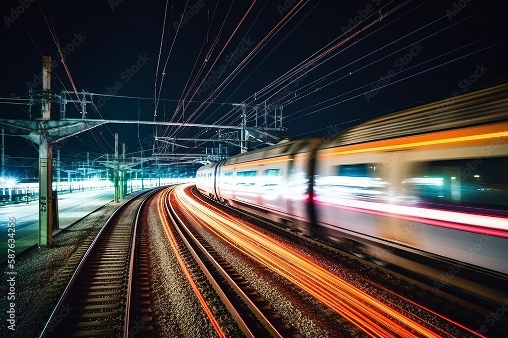 High speed rail shuttles on urban railways at night.AI technology generated image