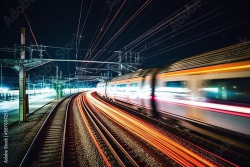High speed rail shuttles on urban railways at night.AI technology generated image © onlyyouqj
