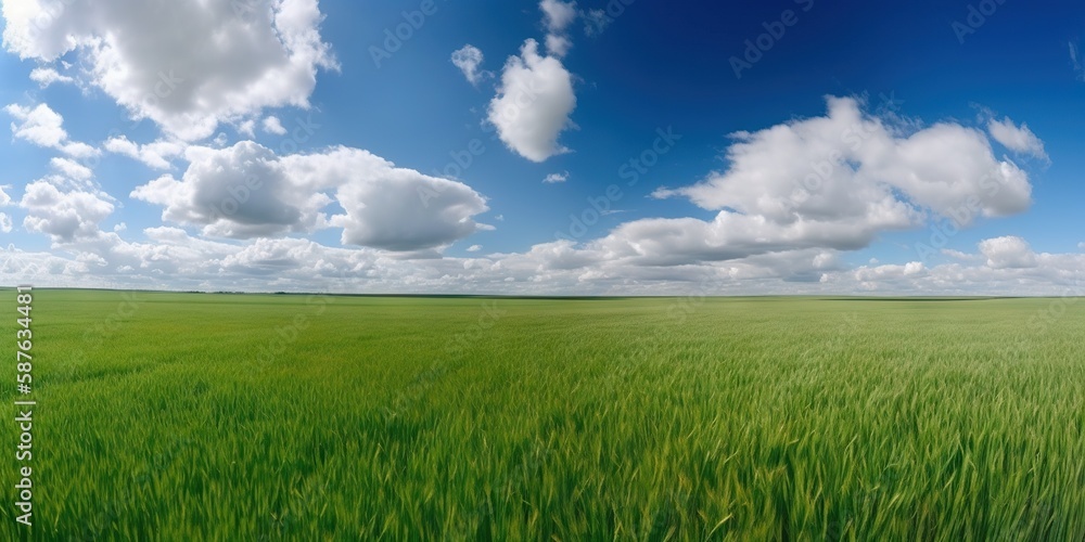 Fototapeta premium Empty green field and blue sky with rare clouds. Generative AI