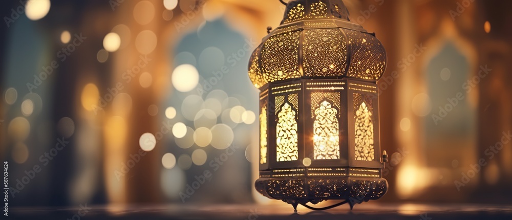 Original traditional ornate oriental lantern with beautiful bokeh of holiday lights and mosque in background  ,digital ai art	 - obrazy, fototapety, plakaty 